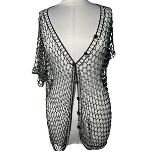 Style Style Style Beaded Fishnet Crochet Cardigan Black Silver Mesh Top OS